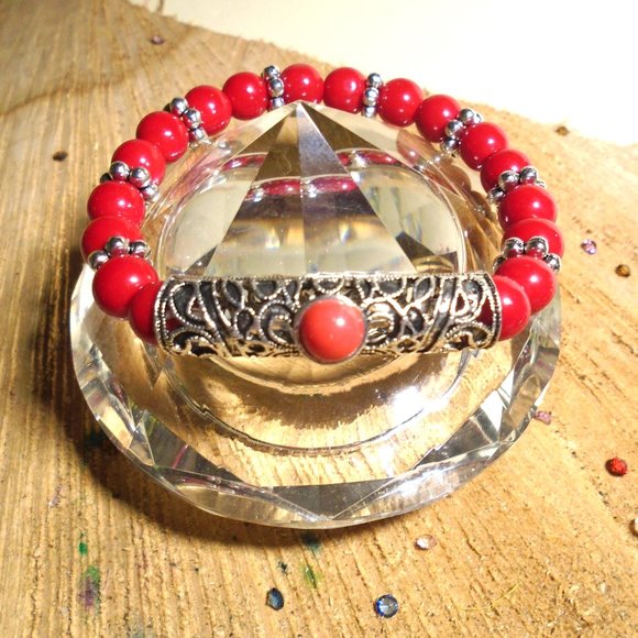 NWOT Red opaque Glass beads filigree Antique silver ornate tube w cabochon 2/$25 - Picture 3 of 5